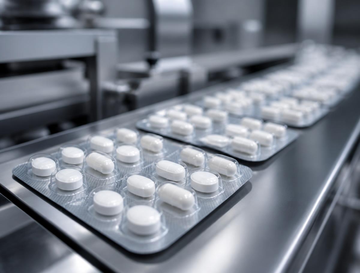 Blister packs of tablets and capsules on a stainless steel packaging line